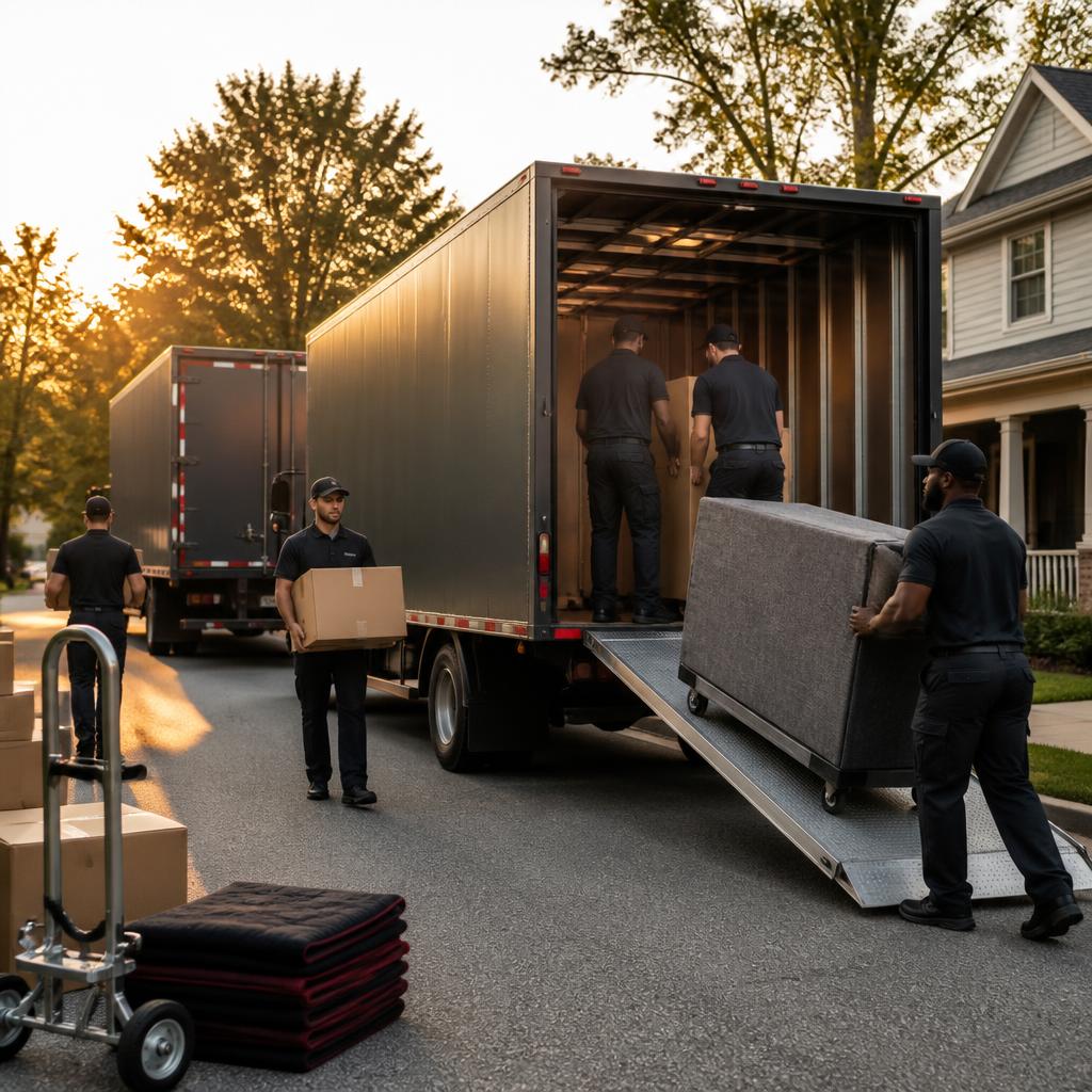 karinas inc moving trucks and crew loading furniture on a residential street at golden hour